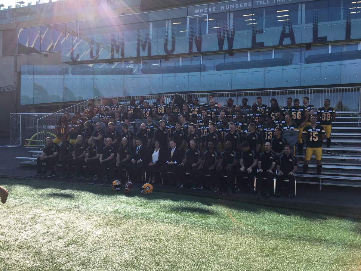 The Edmonton Eskimos gather on The Brick Field at Commonwealth Stadium for their team photo on Monday, September 23, 2019.