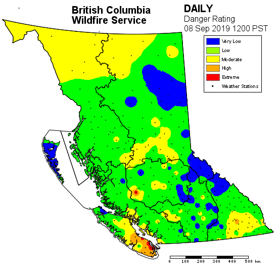 The fire danger rating in the province as of Sept. 8, 2019.