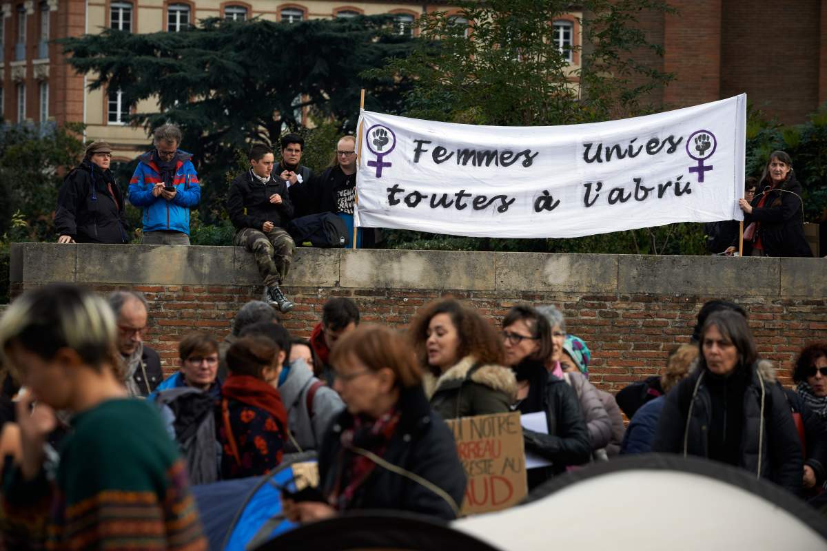 Banner reading ‘United women, all in shelters.’ Women and NGOs gathered near the Prefecture of Toulouse to protest the lack of shelters in Toulouse for raped women, battered women and women victims of domestic violence. Domestic violence against women is Macron’s national cause but they say nothing new has been done to help these women. Toulouse, France, November 23, 2018.