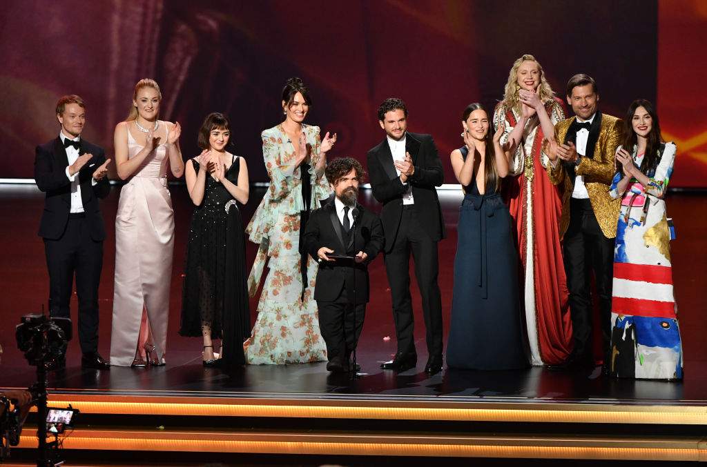 'Game of Thrones' stars Alfie Allen, Sophie Turner, Maisie Williams, Lena Headey, Peter Dinklage, Kit Harington, Emilia Clarke, Gwendoline Christie, Nikolaj Coster-Waldau and Carice van Houten speak onstage during the 71st Emmy Awards.