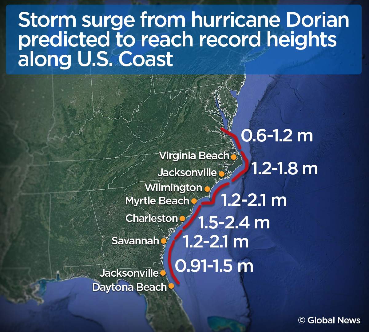 The National Hurricane Center (NHC) issued a storm surge warning that covered the whole length of the coasts of Georgia, South Carolina and North Carolina and extending to Hampton Roads in southern Virginia.