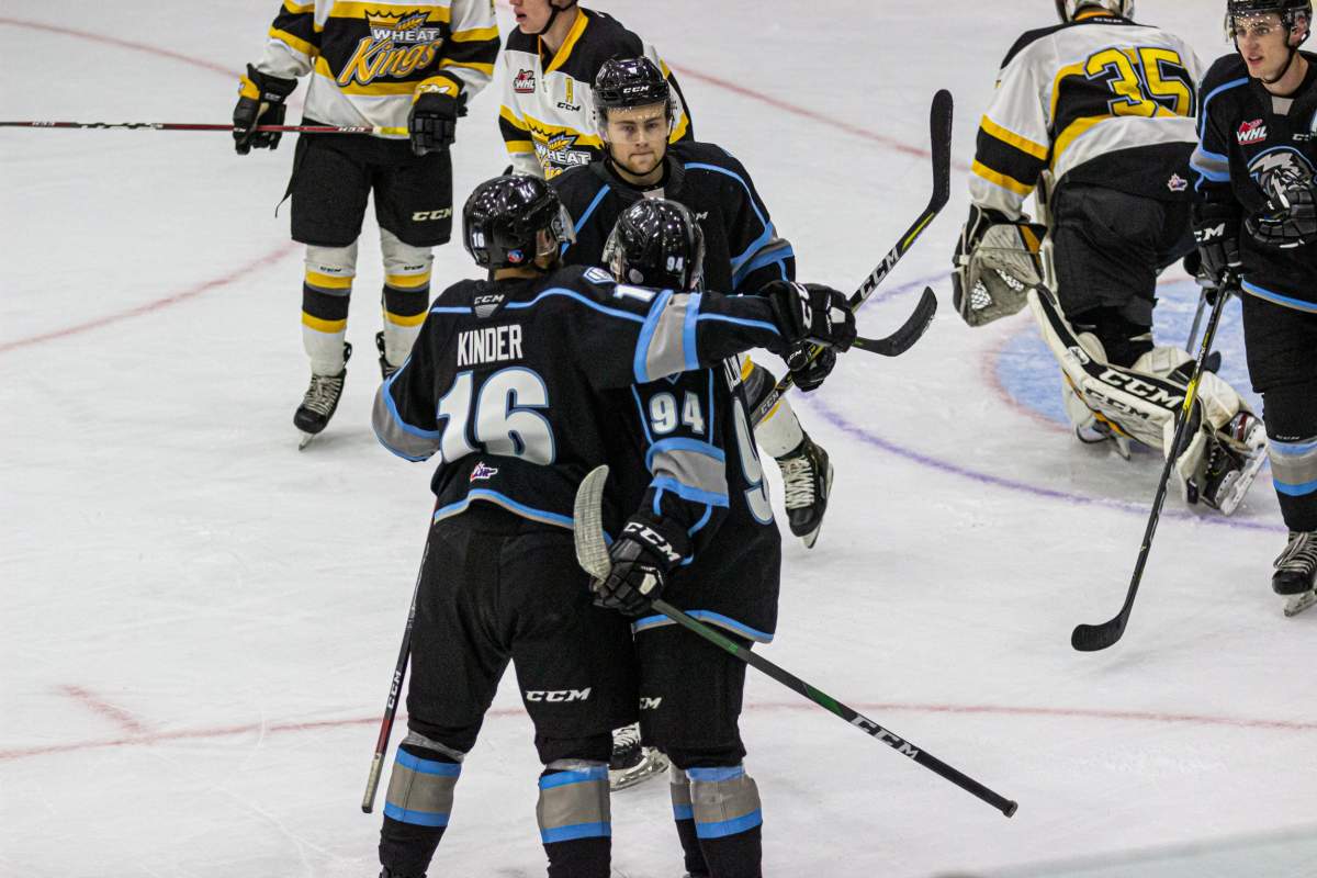 Winnipeg ICE players Nino Kinder (16) and Connor McClennon (94) celebrate a goal in a WHL Preseason 5-1 win vs Brandon on Sept 7 in Portage/Photo Credit Zachary Peters