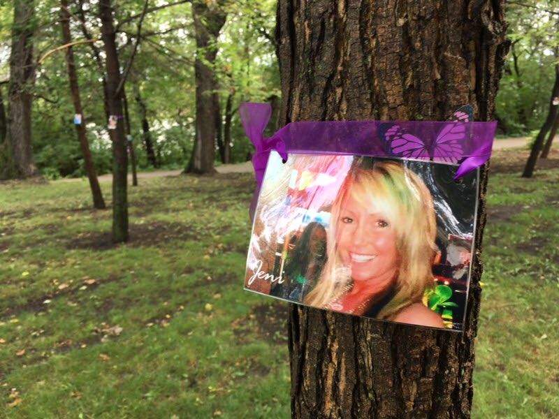 One of many pictures of overdose victims on trees at Stephen Juba Park.