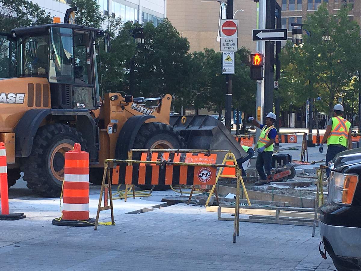 Construction taking place in downtown Winnipeg.