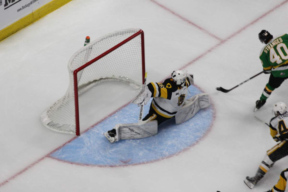 Tonio Stranges of the London Knights scores his second goal of the game on a backhand as the Knights defeated the Hamilton Bulldogs on Sept. 28, 2019.