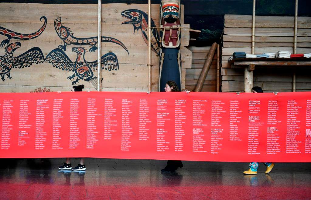 FILE: A ceremonial cloth with the names of 2,800 children who died in residential schools and were identified in the National Student Memorial Register, is carried to the stage during the Honouring National Day for Truth and Reconciliation ceremony in Gatineau, Quebec on Monday, Sept. 30, 2019. 