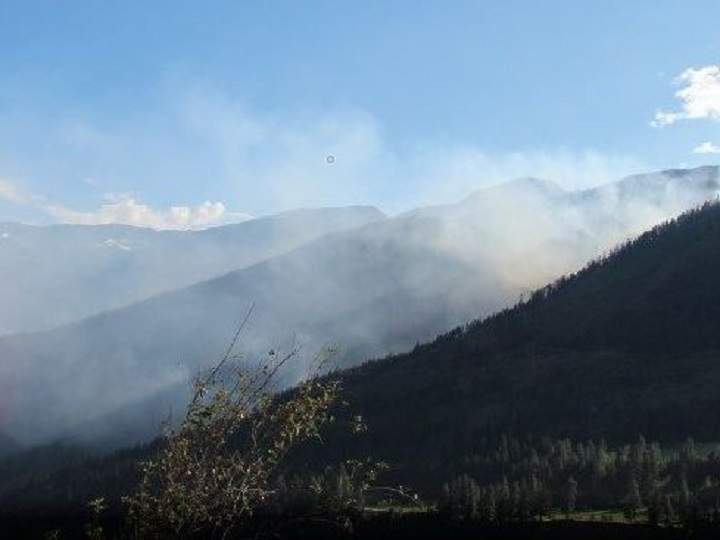Smoke rises from the Kathleen Mountain wildfire burning west of Peachland.