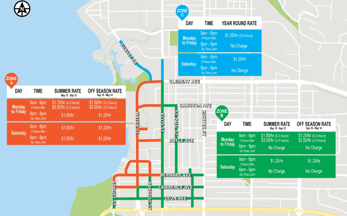 A map showing the parking rate changes in the downtown core.