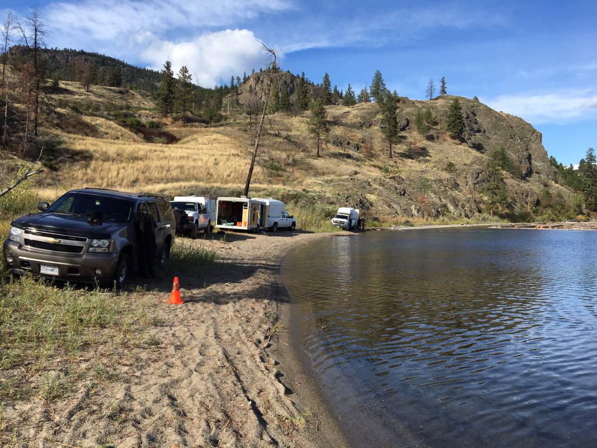 Police scour Okanagan Lake off of Westside Road near West Kelowna Tuesday looking for evidence connected to a police incident there on Sept. 13.