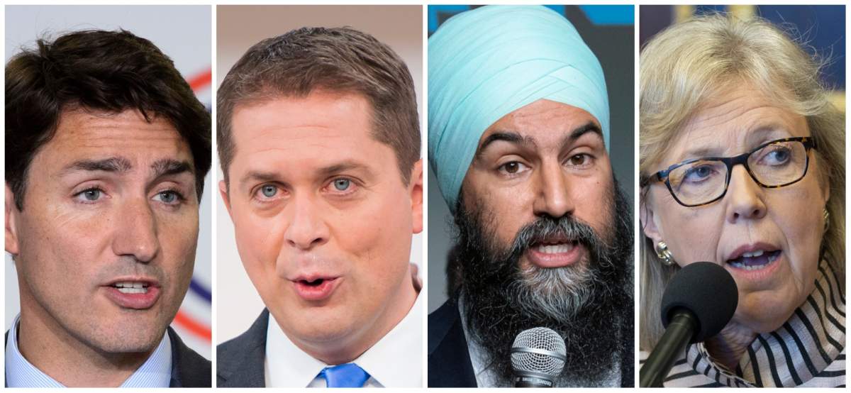 Liberal Leader Justin Trudeau, Conservative Leader Andrew Scheer, NDP Leader Jagmeet Singh and Green Leader Elizabeth May.