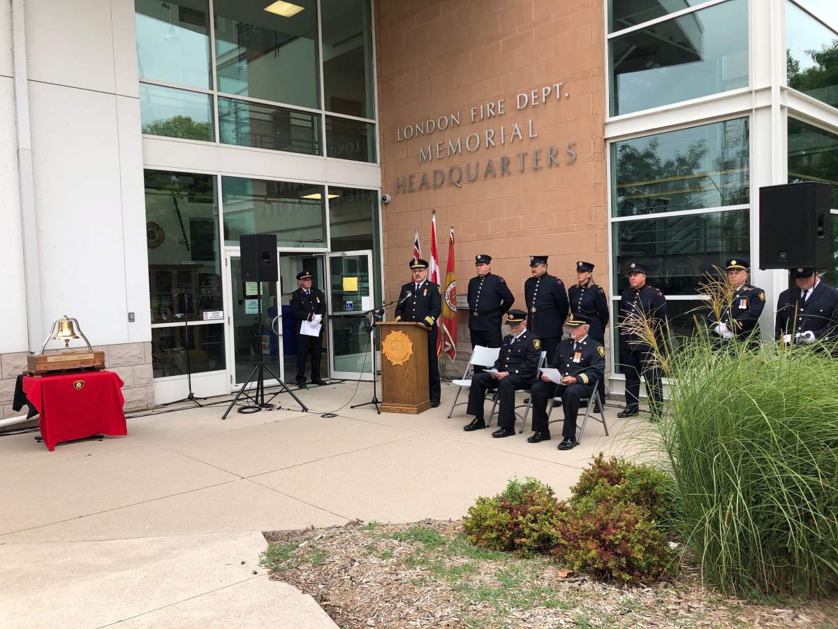 Deputy fire chief Richard Hayes addresses the crowd at the London Fire Department's Sept. 11 memorial service.