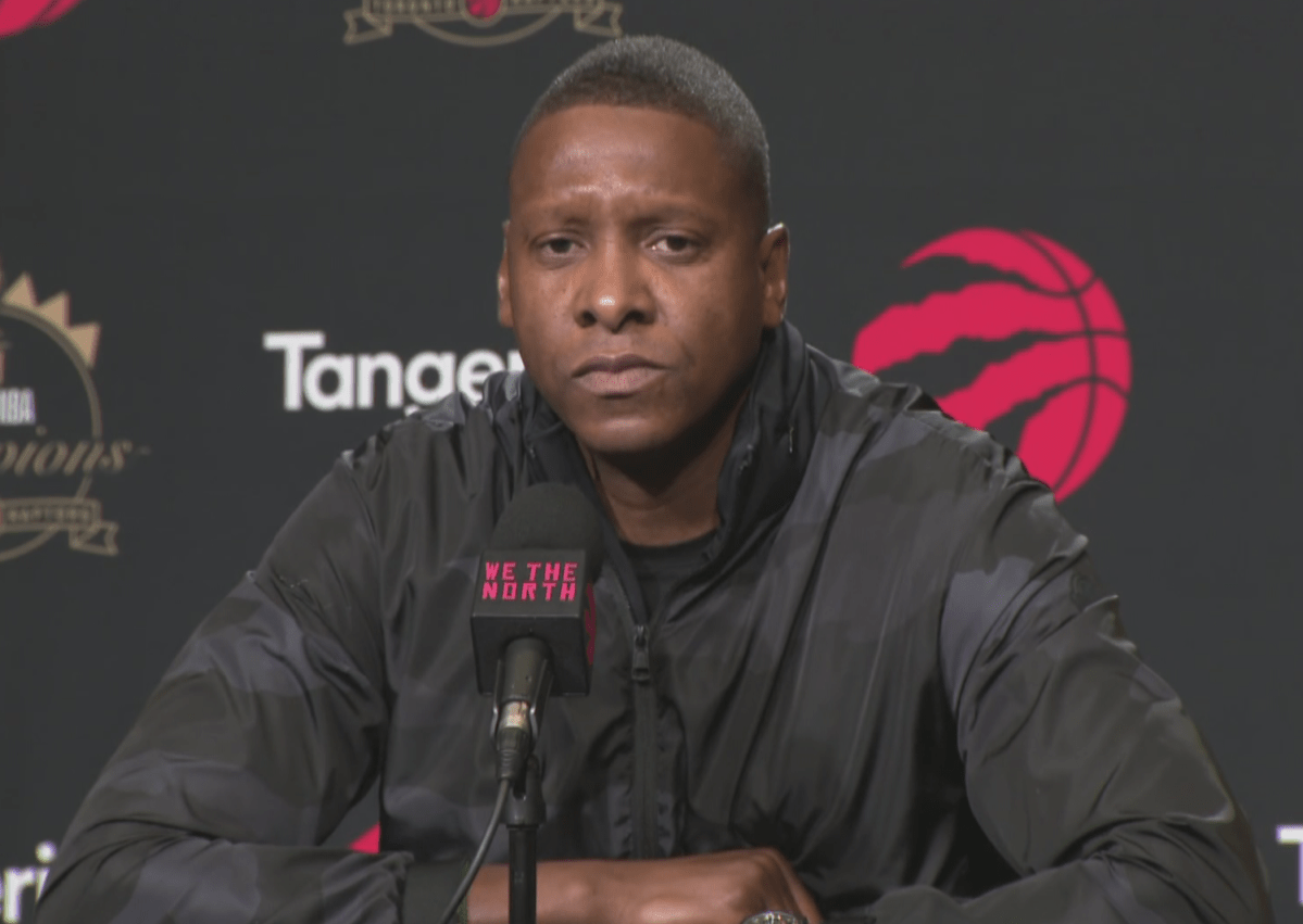 Toronto Raptors president Masai Ujiri speaks to the media on Saturday, Sept. 28, 2019, in Toronto.