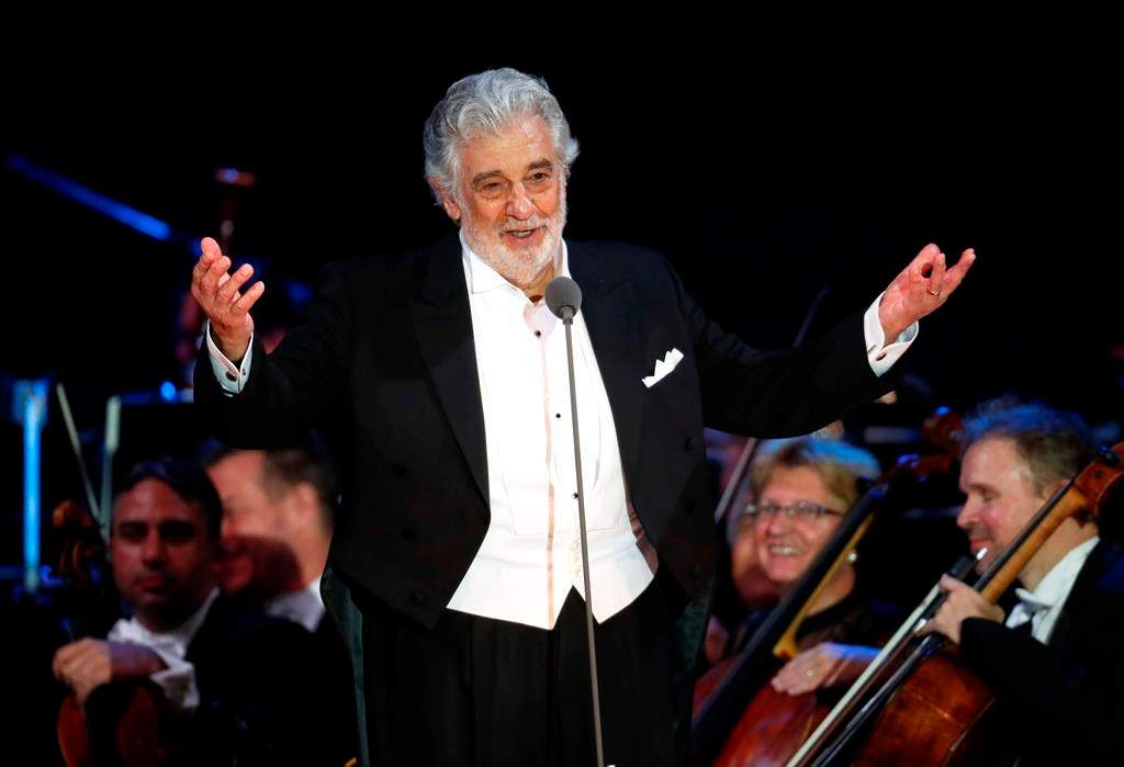 Opera star Plácido Domingo salutes spectators at the end of a concert in Szeged, Hungary, on Aug. 28, 2019.