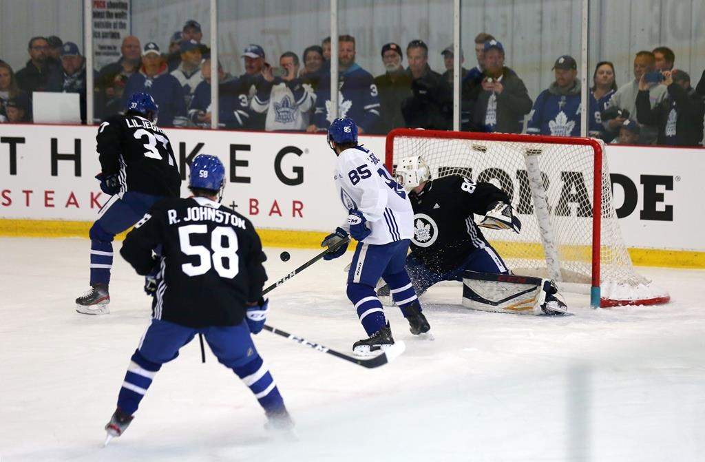 Toronto Maple Leafs' Timothy Liljergen (37), Ryan Johnson (58), Seymon Der-Arguchinstev (85) and goalie Makin Zhukov to the ice during their training camp in Paradise, N.L., on Friday, Sept. 13, 2019.