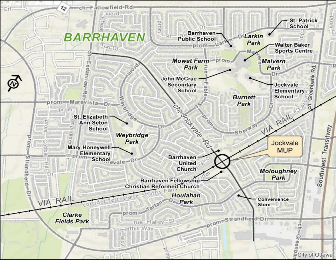 Location of the Jockvale rail crossing in Barrhaven, southwest of downtown Ottawa.