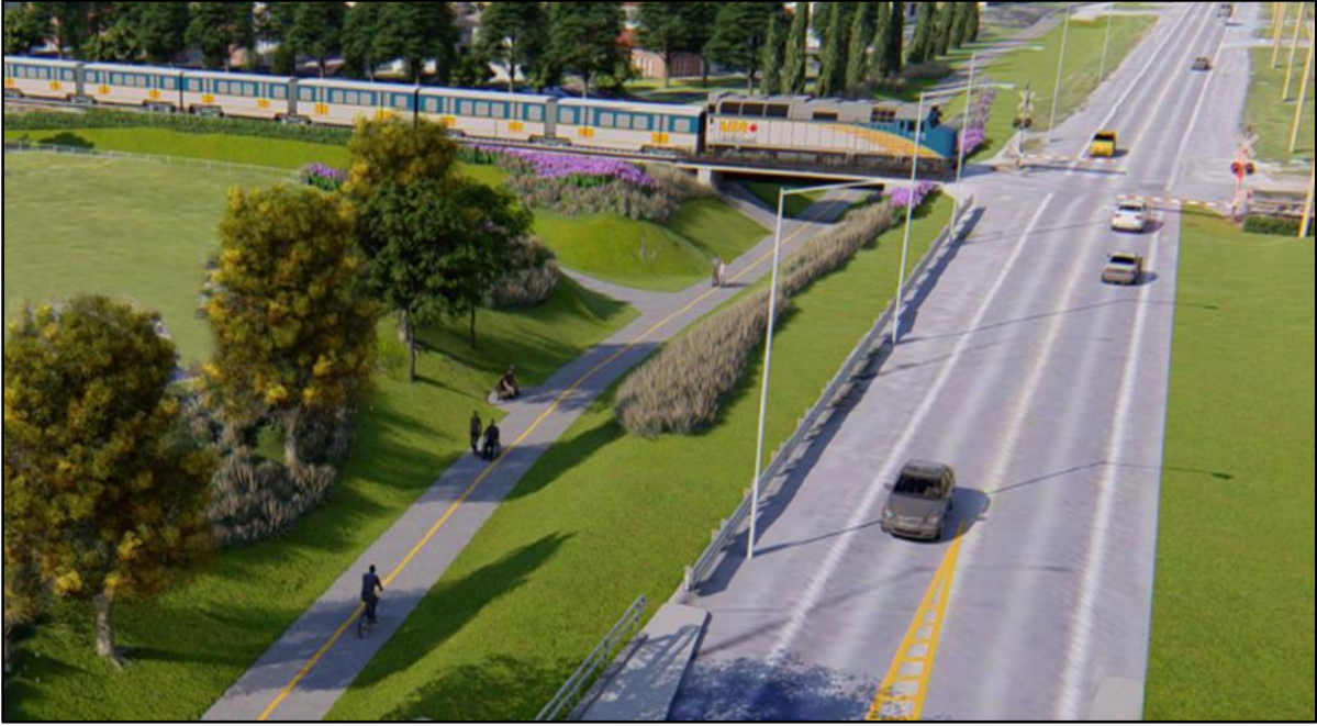 A 3D illustration of the grade-separation of the Jockvale Road multi-use pathway proposed by City of Ottawa staff.