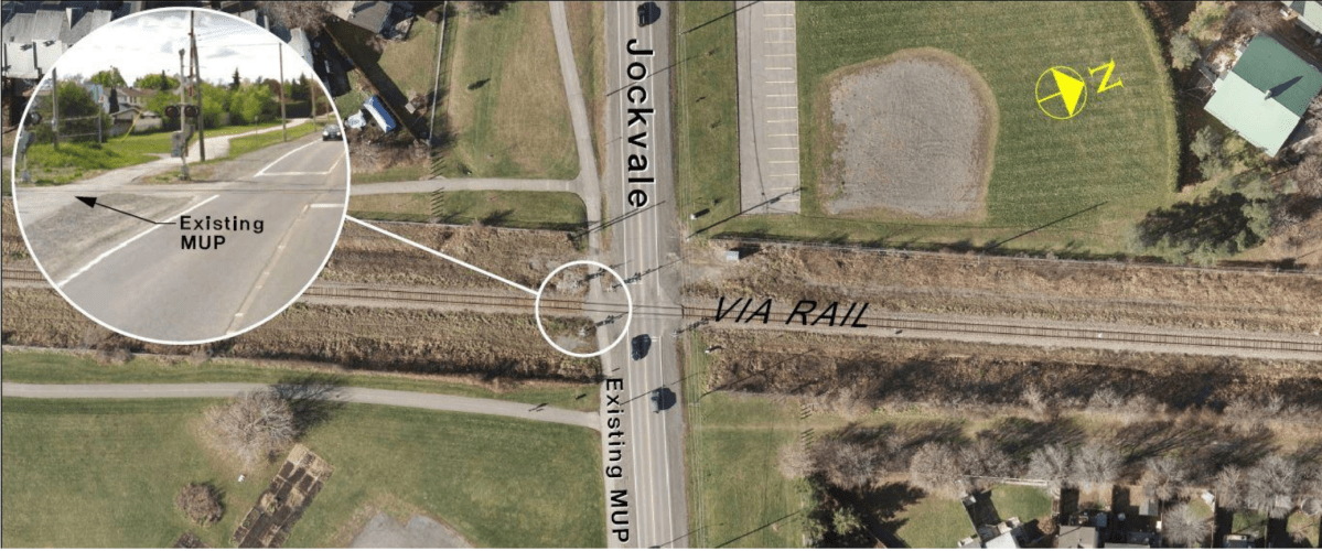 An illustration of the current multi-use pathway that runs parallel to Jockvale Road and through the rail crossing in Barrhaven.