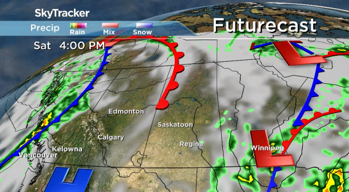 Showers are likely to clip extreme southeast Saskatchewan on Saturday as a system moves into Manitoba.