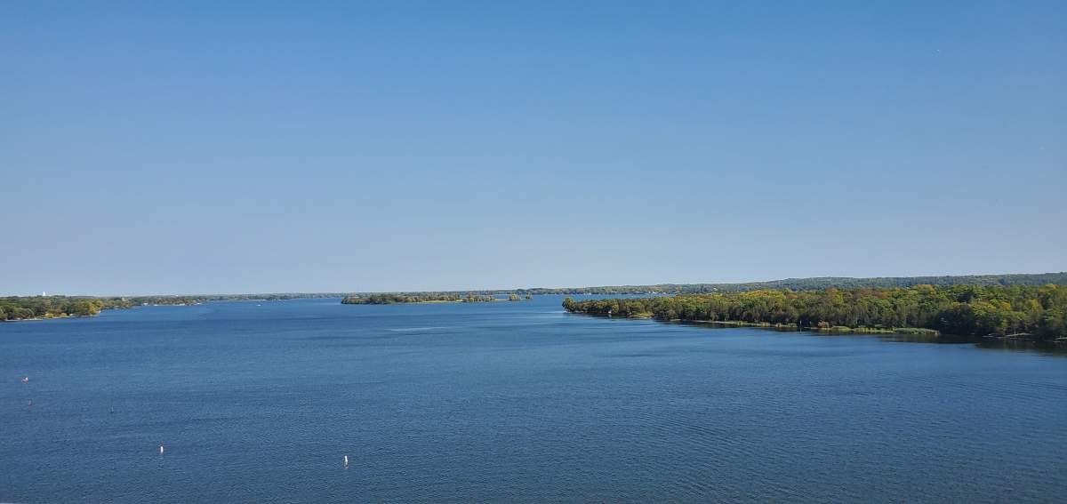 View of the Bay of Quinte and Prince Edward County from the Skyway Bridge.