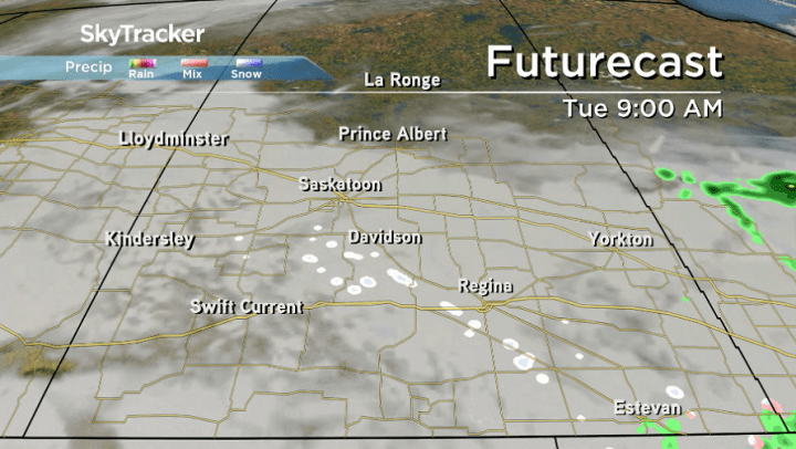 Spotty flurries are possible at times Tuesday morning in Saskatoon and Regina.