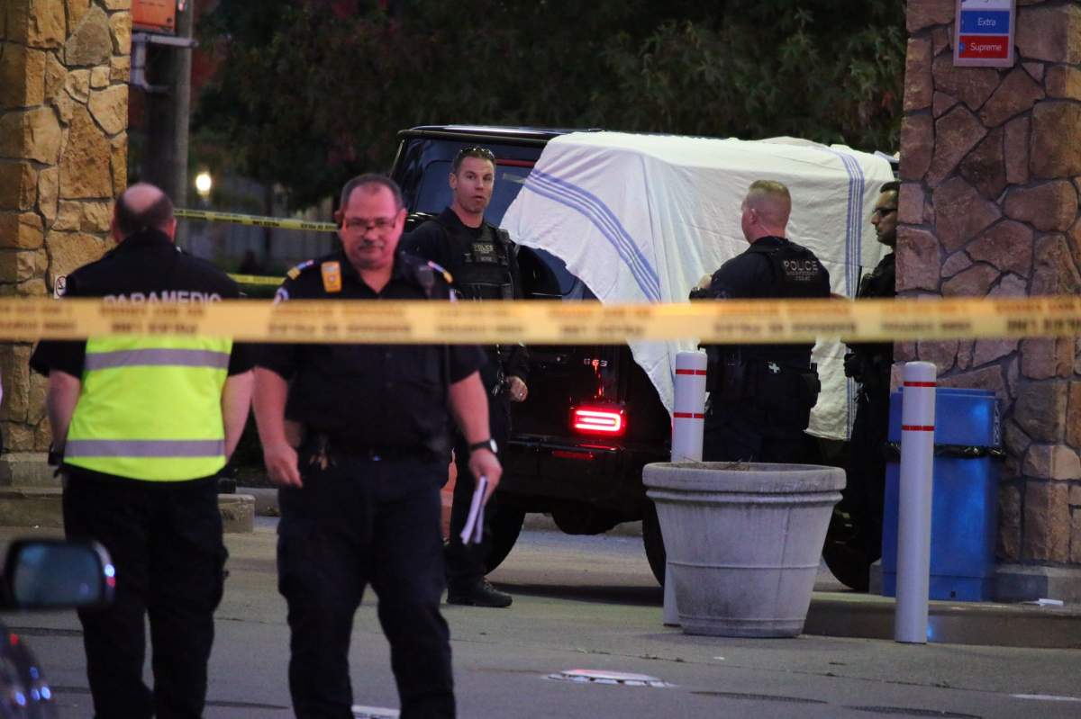 Police at the scene of a shooting on Fraser Highway on Sept. 28, 2019. 