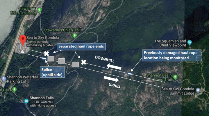 A map showing where the Seat to Sky Gondola’s haul rope was cut.