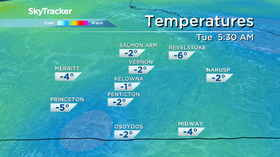 Temperatures fall below freezing with frost possible in the Okanagan Tuesday morning.