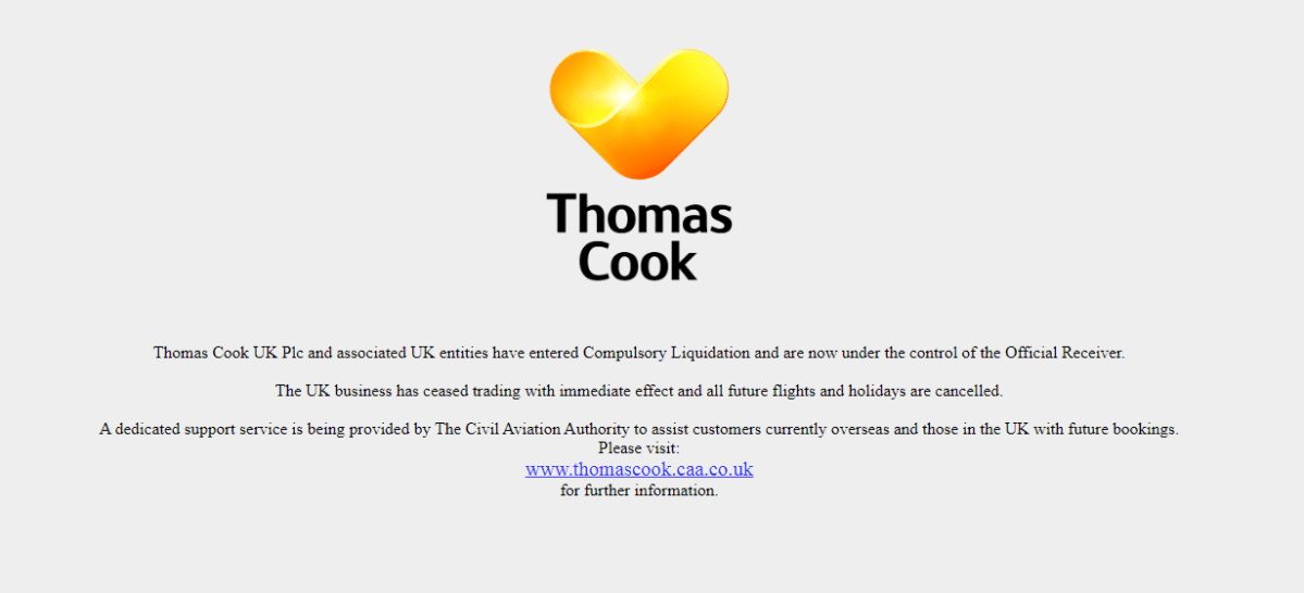 Screenshot of thomascook.com on Sept. 22 9:17 p.m. ET