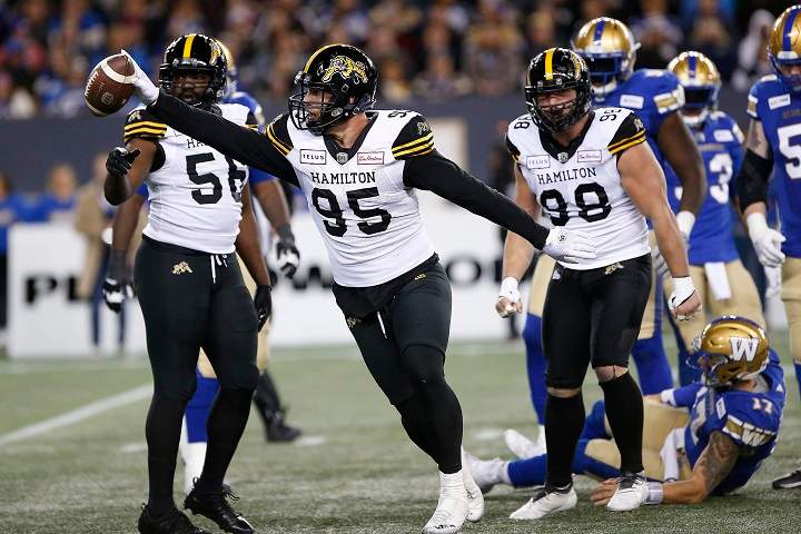 Hamilton Tiger-Cats' Julian Howsare (95) celebrates his sack of Winnipeg Blue Bombers quarterback Chris Streveler (17) during the first half of CFL action in Winnipeg on Friday, September 27, 2019. 