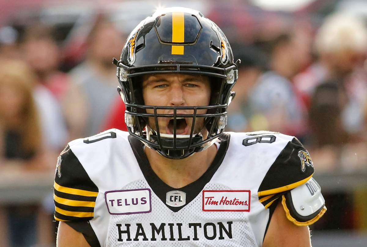 Hamilton Tiger-Cats Jaelon Acklin (80) celebrates his touchdown during fourth quarter CFL action against the Ottawa Redblacks in Ottawa on Saturday, August 17, 2019.