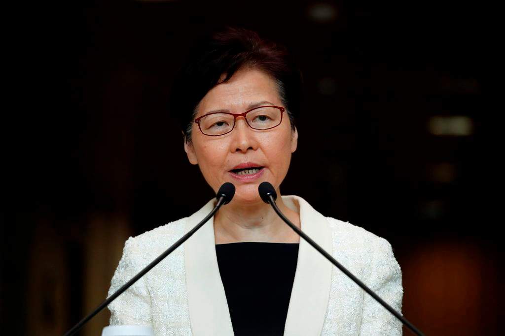 In this Sept. 3, 2019, file photo, Hong Kong Chief Executive Carrie Lam speaks during a press conference in Hong Kong.