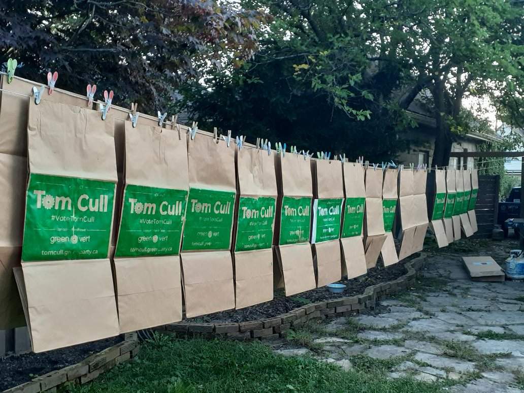 The yard-waste bag signs that London-Fanshawe Green party candidate Tom Cull plans to use during his campaign.