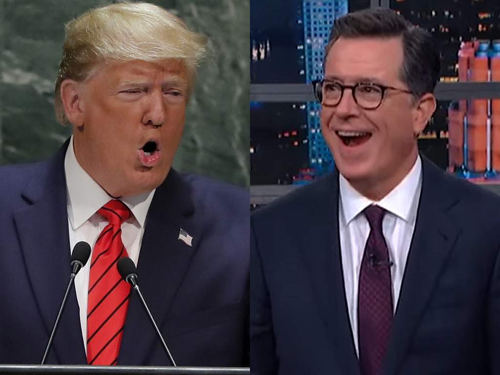 (L-R) Donald Trump and Stephen Colbert.