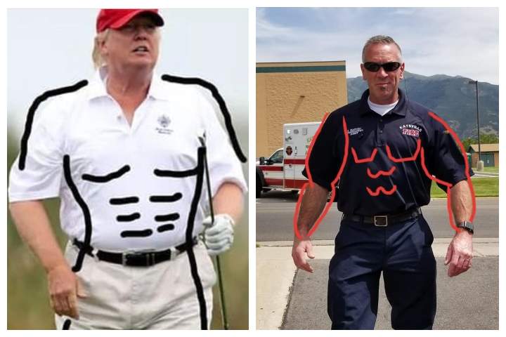 U.S. President Donald Trump, left, is shown in a popular meme alongside a member of the fire department in Kaysville, Utah.