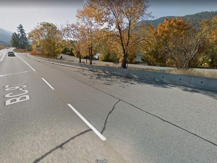 Concrete barriers separate a section of Vaseux Lake Provincial Park and Highway 97.