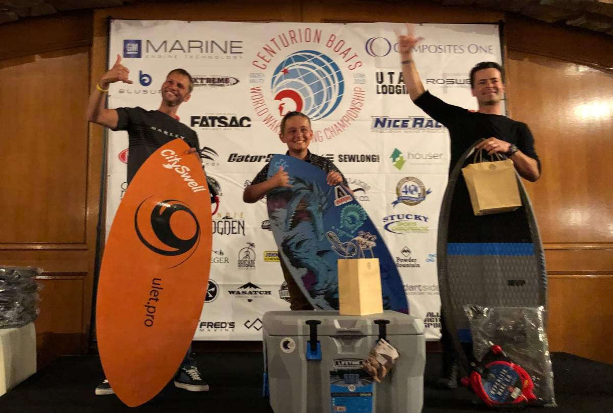 Evan Hudson atop the podium at the 2019 Centurion World Wake Surfing Championships in Utah.