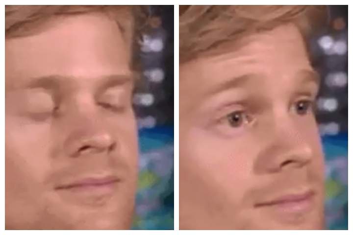 Drew Scanlon blinks in astonishment in this viral reaction GIF.