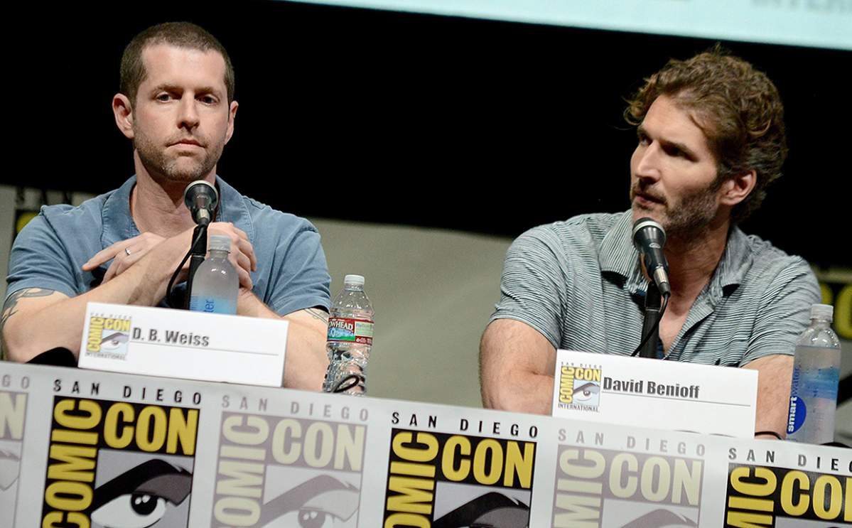 D.B. Weiss, left, and David Benioff participate in the 'Game of Thrones' panel on Day 3 of 2013 Comic-Con International on Friday, July 19, 2013, in San Diego, Calif.