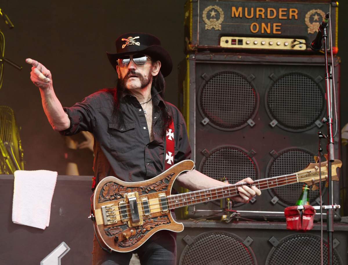 Lemmy Kilmister of Motorhead performing on the Pyramid Stage at the Glastonbury Festival at Worthy Farm in Somerset, England.