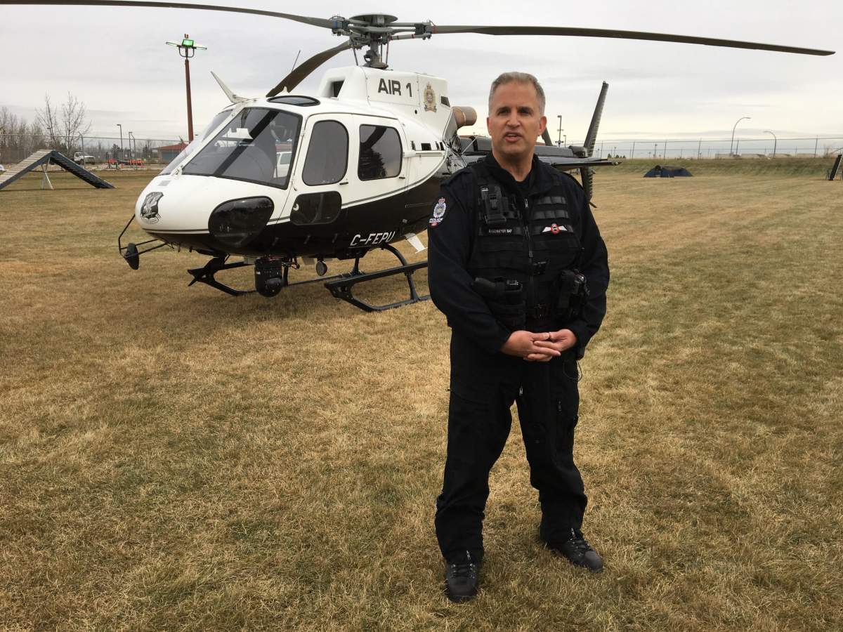 Edmonton police speak to media when a man was charged after pointing a laser at EPS Air 1 helicopter. Oct. 30, 2019.