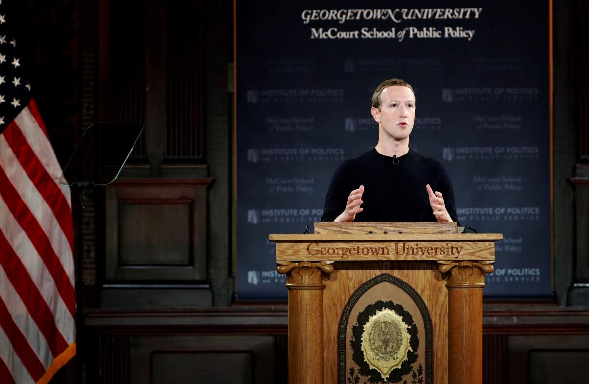 Facebook Chairman and CEO Mark Zuckerberg addresses the audience at a forum hosted by Georgetown University's Institute of Politics and Public Service (GU Politics) and the McCourt School of Public Policy in Washington, U.S., October 17, 2019. 