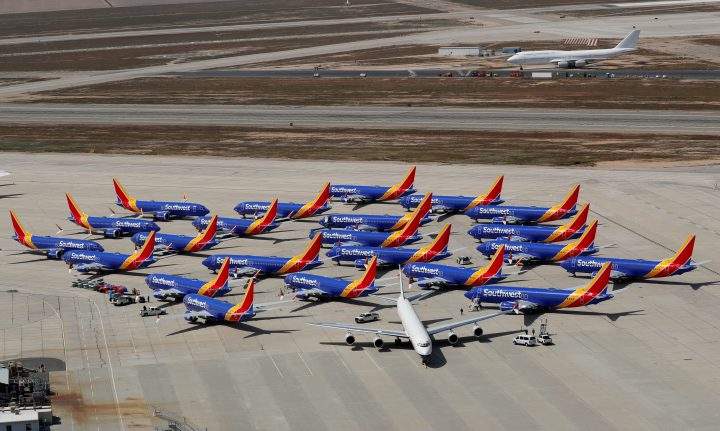 FILE PHOTO: FILE PHOTO: A number of grounded Southwest Airlines Boeing 737 MAX 8 aircraft are shown parked at Victorville Airport in Victorville, California, U.S., March 26, 2019.  REUTERS/Mike Blake -/File Photo/File Photo.