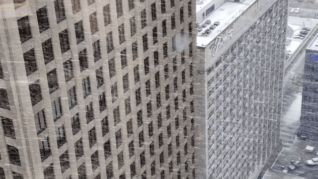 Snow flies at Portage and Main.