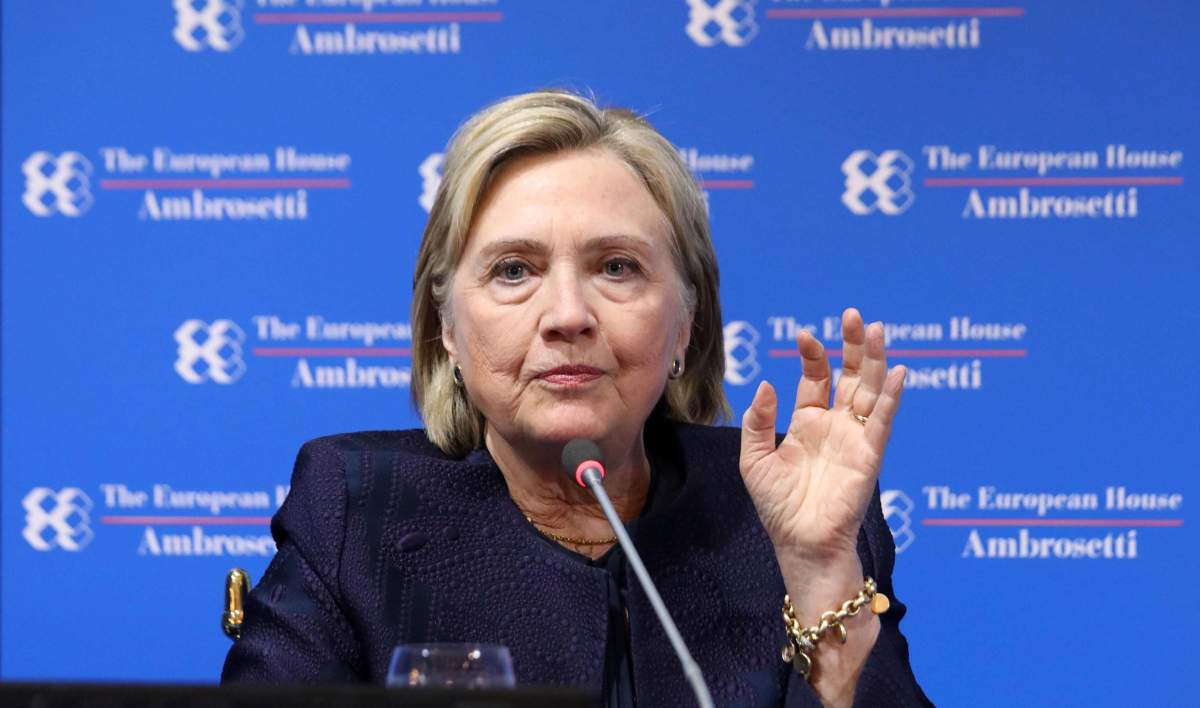 Hillary Rodham Clinton attends during the forum the European house Ambrosetti held in Cernobbio, Italy,  Sept. 7, 2019. 