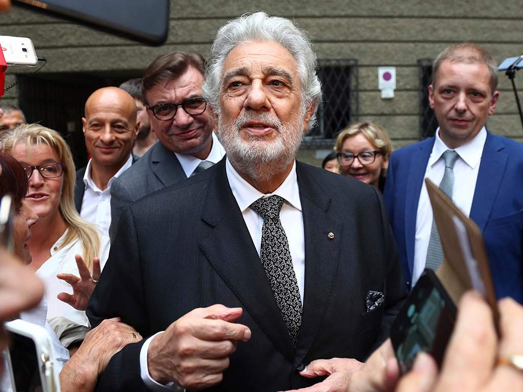 Plácido Domingo talks to fans at the 'Festspielhaus' opera house after he performed 'Luisa Miller' by Giuseppe Verdi in Salzburg, Austria, on Aug. 25, 2019.