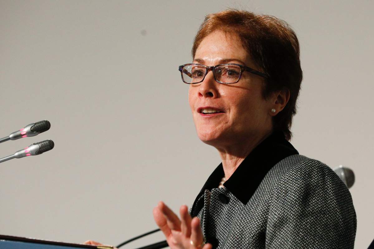 FILE - In this Nov. 30, 2018, file photo, then-U.S. Ambassador to Ukraine, Marie L. Yovanovitch, speaks in Kyiv, Ukraine.