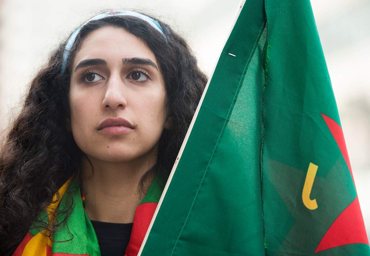 Beritan Oerde, an organizer with the Kurdish Foundation of Quebec poses in Montreal, Saturday, October 12, 2019, following a demonstration against the Turkish invasion into Kurdish held territory in Northern Syria. 