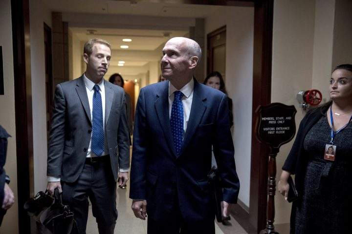 Michael McKinley, a former top aide to Secretary of State Mike Pompeo, leaves Capitol Hill in Washington, Wednesday, Oct. 16, 2019, after testifying before congressional lawmakers as part of the House impeachment inquiry into President Donald Trump. 