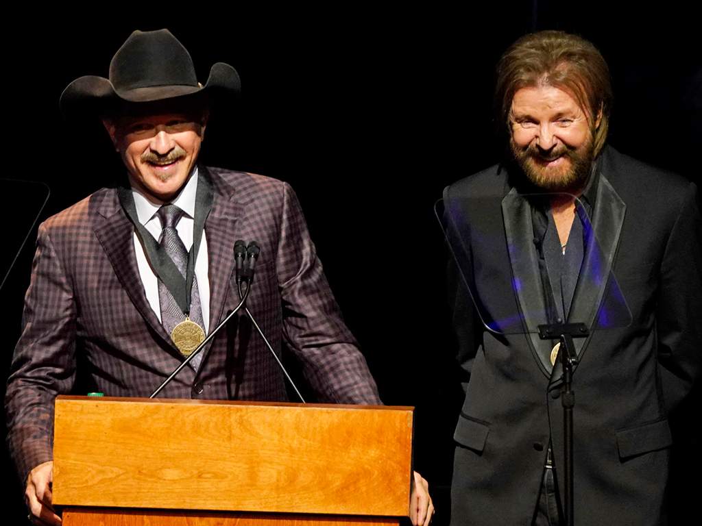 Kix Brooks, left, and Ronnie Dunn, right, speak after being inducted into the Country Music Hall of Fame at 2019 Medallion Ceremony at the Country Music Hall of Fame and Museum on Sunday, Oct. 20, 2019 in Nashville, Tenn.