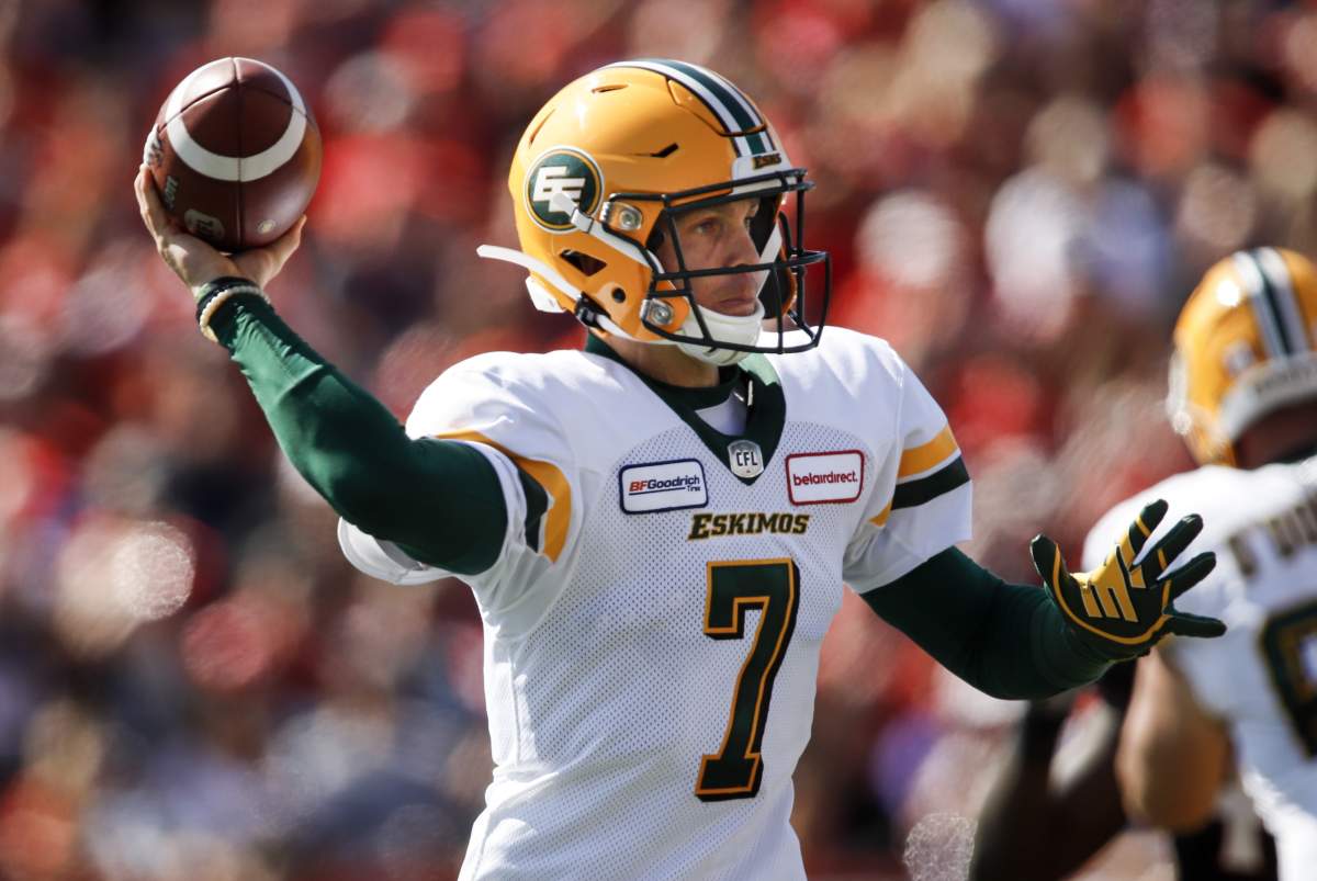 Edmonton Eskimos' quarterback Trevor Harris throws the ball during first half CFL football action against the Calgary Stampeders in Calgary on September 2, 2019. After spending four games holding a clipboard and pacing the sidelines, Trevor Harris will be back where he's far more comfortable on Saturday -- in the middle of the action when the Edmonton Eskimos take on the Saskatchewan Roughriders at Commonwealth Stadium. 